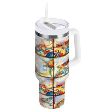 Imagem de Kigai Copo de 1,134 g com alça, colorido estilo mediterrâneo, azulejos de cerâmica isolados com tampa e canudo, garrafa de água esportiva de metal grande, caneca de café de viagem de aço inoxidável