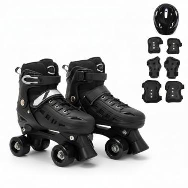 Imagem de Patins Infantil Ajustável com Kit Proteção - Freio Segurança e Botão Push(Quad PRETO + KIT,P 29-32)