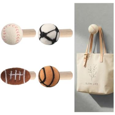 Imagem de Kathfly 4 peças de ganchos esportivos de lã para crianças, ganchos de parede para futebol, beisebol, basquete, cabide de madeira, suporte decorativo para chaves para quarto