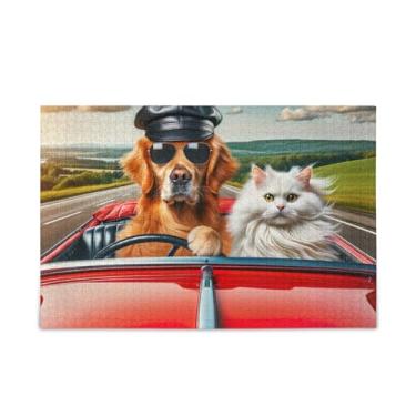 Imagem de Quebra-cabeça de 500 peças, quebra-cabeça engraçado de cachorro e gato dirigindo carro quebra-cabeça de desafio para adultos, 52 cm C x 37,8 cm L