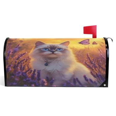 Imagem de TSENQUE Capas magnéticas decorativas para caixa de correio de vinil capa de caixa de correio fofo gato Ragdoll roxo decoração moderna caixa de correio tamanho grande 64,5 x 52,8 cm