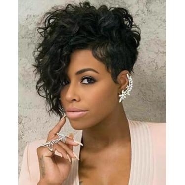Imagem de SEVENCOLORS Perucas curtas pretas para mulheres negras, peruca afro encaracolada profunda com franja lateral perucas de cabelo sintético curto com aparência natural