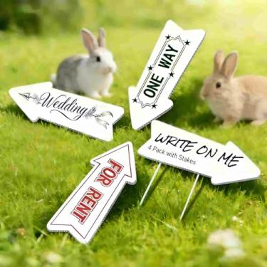 Imagem de Sinais de seta em branco com estacas - Pacote com 4 placas de 43 x 15 cm DIY branco direcional para venda de quintal, This Way Placa de gramado para vendas de imóveis, casamentos, festas de