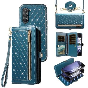 Imagem de Capa de celular para Samsung Galaxy Z Fold 5 5G 2023 com zíper carteira magnética destacável alça transversal alça de cordão bling glitter flip porta-cartões de crédito slots ZFold5 Z5 G Fold5 5Z