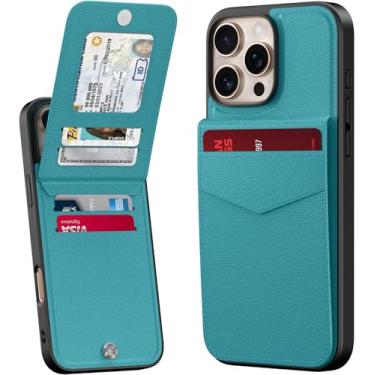 Imagem de Bemal Capa carteira para iPhone 16 Pro Max, suporte de cartão embutido, bloqueio RFID, suporte de couro PU, fecho magnético, capa de telefone durável à prova de choque para mulheres e homens, turquesa