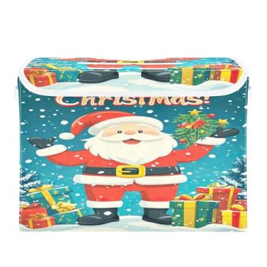 Imagem de SEHANY Linda caixa de armazenamento de Papai Noel de Natal com tampas e alças, organizador de cestas de armazenamento de tecido dobrável, caixas de armazenamento de cubos grandes para roupas, cobertor