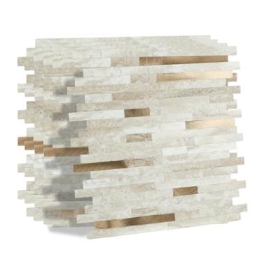 Imagem de 12 folhas de azulejos de mármore autoadesivo bege misturado dourado metrô em azulejos de parede para cozinha lavanderia lareira (29,4 cm x 30 cm)