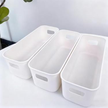 Imagem de 3 caixas de armazenamento de plástico com alças cestas organizadoras retangulares para escritório em casa, cozinha, banheiro, organização, artigos de higiene pessoal, artigos de papelaria, lanches
