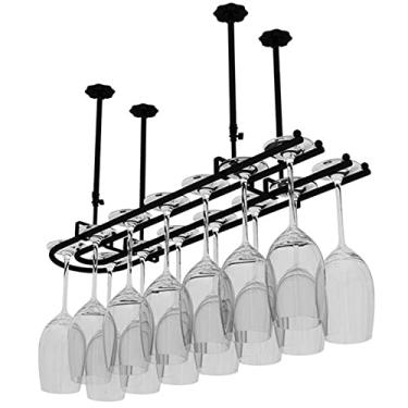Imagem de AkosOL Suporte para copos de vinho, suporte para copos de vinho para pendurar em casa, suporte de teto suspenso de ferro, suporte grande para garrafa de vinho (preto 100 x 25 cm)