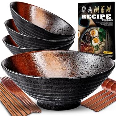 Imagem de YTLEMON Conjunto de 4 tigelas de cerâmica para ramen - Porcelana Japonesa Salada Noodles Cereais Frutas Massa Sopa Tigelas Grandes 4 × 1000 ml 1000 ml com Receitas Pauzinhos, Garfos e Colheres para