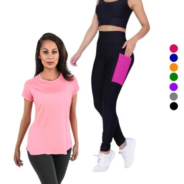 Imagem de Conjunto CAMISETA Blusinha DRY + CALÇA LEGGING BOLSOS Femininos Academia Fitness Furadinho 628-Feminino