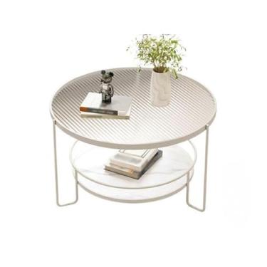 Imagem de Mesa de centro redonda com vidro temperado canelado, minimalista, mini mesa para salas de estar pequenas, mesas centrais de design moderno com economia de espaço (branca, 80 cm)