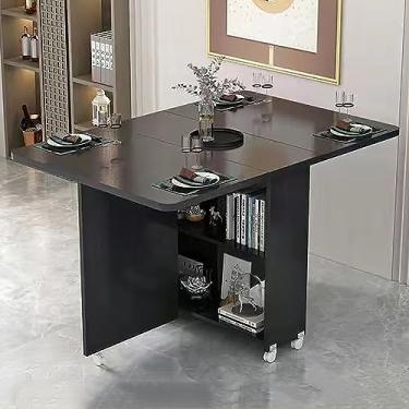 Imagem de Mesa de jantar dobrável, mesa de jantar de folhas caídas com 6 rodas e prateleira de armazenamento de 2 camadas, mesa de jantar e escritório com extensão dobrável e dobrável, móveis extensíveis para
