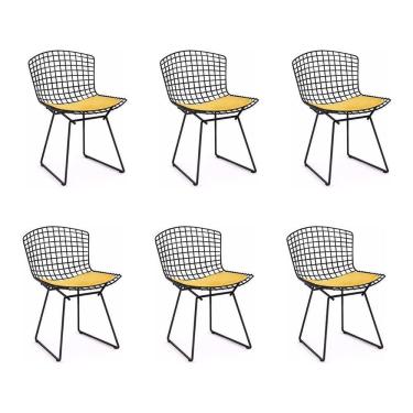 Imagem de Kit 6 Cadeiras Bertoia Preta Com Assento Amarelo