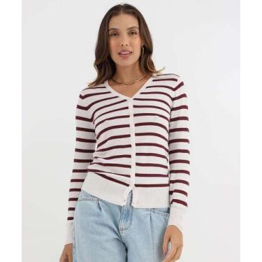 Imagem de Cardigan Feminino Botões Listrado Marisa Branco-49847, Branco, Vermelh