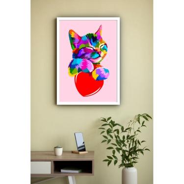 Imagem de Quadro Decorativo Gatinho Colorido Coração Rosa  - 70x50cm