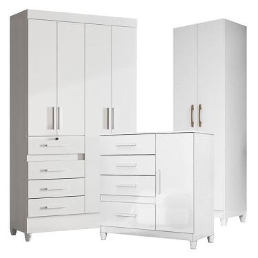 Imagem de Guarda Roupa Infantil Sobral com Cômoda Vênus com pés e Armário Multiuso New Íris Branco Brilho – Moval