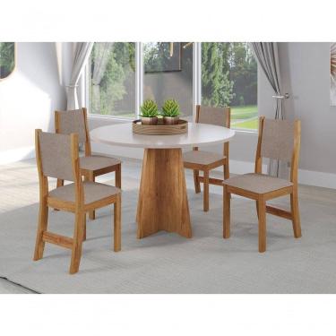 Imagem de Mesa Redonda Slin 4 Lugares Tampo MDF com Cadeiras Estofadas em Linho Marrom 90cm