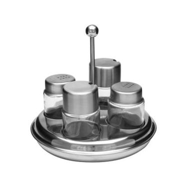 Imagem de Galheteiro Vidro Forma Inox 5 Peças com Suporte - Redondo