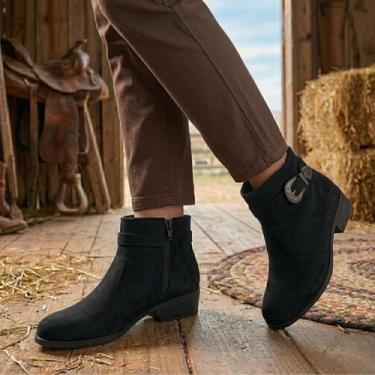 Imagem de Bota Feminina Texana Salto Baixo Camurça Western Cano Curto Bico Fino 
