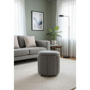 Imagem de Puff Redondo Baú Não é Segredo Debrum Linho Cinza 40x45 Ns0606