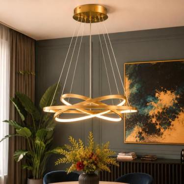 Imagem de Luminária Pendente Lustre Led 3 em 1 Arco Anéis Infinito Dourado Moder