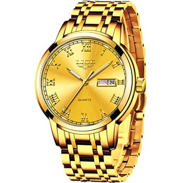 Imagem de Relógio masculino de quartzo analógico de aço inoxidável à prova d'água da LIGE Watches para homens e mulheres, 9 full gold