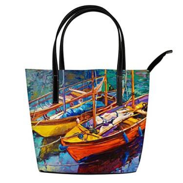 Imagem de ColourLife Bolsas tote de couro originais barcos pintura a óleo alça de ombro bolsas presentes para mulheres meninas escola viagem mochila mochila