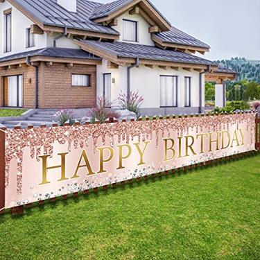 Imagem de Banner Decorações de Feliz Aniversário Ouro Rosa Rosa, Grande Banner Happy Birthday Yard Suprimentos de Festa para Mulheres, Decoração de Aniversário de 16, 21, 30, 40, 50 anos para Ambientes Internos (3 x 0,5 m)