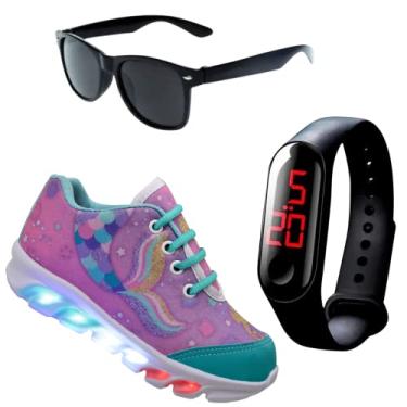 Imagem de Kit Tênis De Led Infantil Menina Feminino Sereia + Relógio + Óculos, Tamanho 25