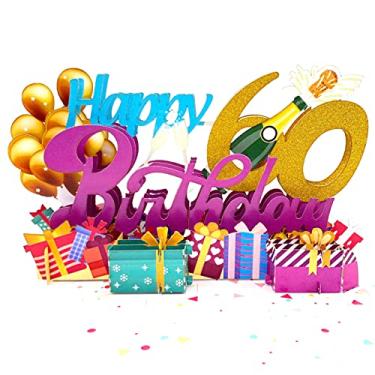 Imagem de Liif Cartão Pop Up Happy 60Th Birthday 3D, Cartão de Feliz Aniversário para Mulheres, Homens, Divertido, 60 anos, Balão, Champanhe, Celebração - Com Glitter Dourado 60 e Nota de Mensagem