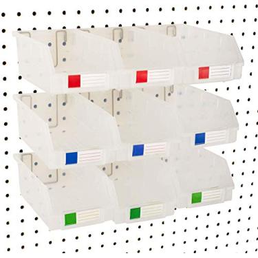 Imagem de 3, 6, 9 ou 12 pacotes de caixas de papelão – ganchos para ambos de 1/4" + 1/8" placa de perfuração – Organize ferragens, acessórios, acessórios, banco, armazenamento de garagem, sala de artesanato, galpão de ferramentas, materiais de hobby, peças pequenas, Clear, 7” Bin, 9-Pack