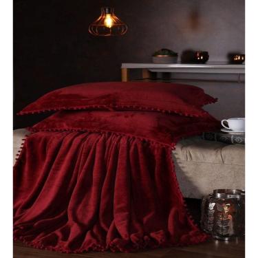 Imagem de Manta Fleece Plush Pesado Com Pompom Queen 3 Peças Vermelho