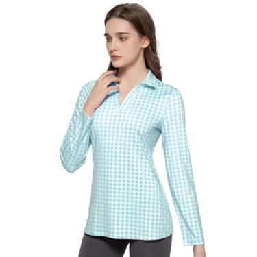 Imagem de GGOV Tops de treino de manga comprida polo de golfe feminino, camisas de tênis, proteção solar FPS 50+, secagem rápida, umidade, absorção, ativo, Blue Houndstooth, M