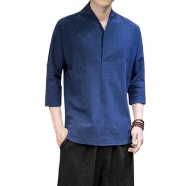 Imagem de Camiseta verão fina Hanfu mangas 3/4 cor sólida Kung Fu roupas Harajuku estilo chinês algodão linho camisa, Azul marino, PP