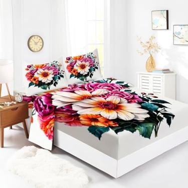 Imagem de Bhoyctn Jogo de lençol King com 4 peças, plantas, flores, colorido, lençol de cima estampado com bolso profundo de 40,6 cm, 100% microfibra, ultramacio e agradável à pele