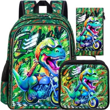Imagem de UFNDC Mochila infantil de dinossauro com 3 peças, mochila de camuflagem infantil com lancheira, mochila escolar resistente à água para crianças em idade pré-escolar, Nova mochila de dinossauro com