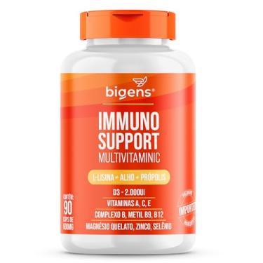 Imagem de Immuno Support Multivitaminic com L-lisina, alho, própolis, Vitamina A, C, E, D3, Zinco, B12, Magnésio & Selênio Bigens, 90 Cápsulas (Unidade)