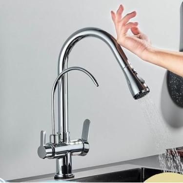 Imagem de Filtro de sensor de toque Torneira de cozinha de água 2 em 1 Preto Coloque para fora Torneiras de pia de modos duplos para cozinha Torneira misturadora de água pura, cromada