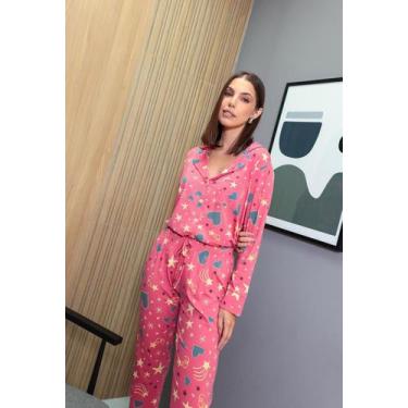 Imagem de Pijama Americano com Botão Manga e Calça Inverno Frio Corações e Estre