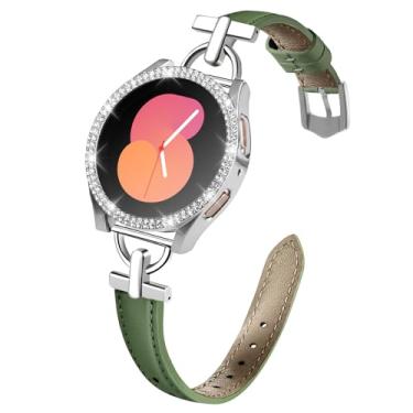 Imagem de Watbro Pulseira de couro fina com capa compatível com Samsung Galaxy Watch 4 e 5 de 40 mm e 44 mm com capa protetora de tela com glitter, pulseira de relógio feminina de couro de 20 mm (verde/prata)