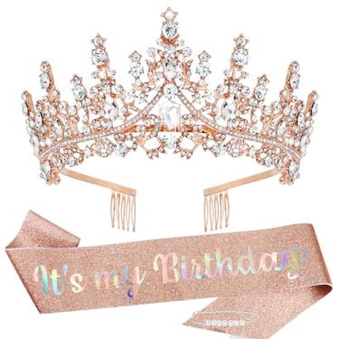 Imagem de TOBATOBA Faixa It's My Birthday Tiara e Coroa de Aniversário para Mulheres Meninas Rosa Ouro Glitter Faixa de Aniversário Cristal Princesa Tiara Coroa Rainha Coroa Coroa de Quinze Decoração de