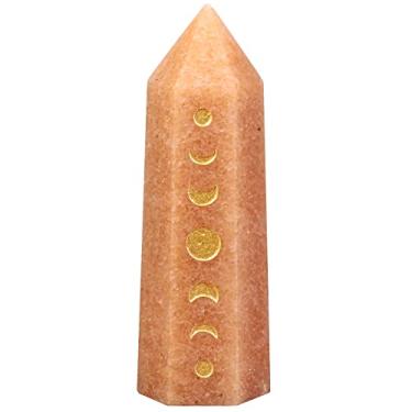 Imagem de Rockcloud Ponto de cristal gravado em fase da lua, pedra hexagonal de bolso para varinha de eclipse lunar para decoração de casa de meditação de Reiki, aventurina vermelha