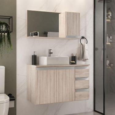 Imagem de Conjunto Gabinete Banheiro Prisma 80cm Gabinete + Cuba + Espelheira Com Vidro Madeirado Inteiro