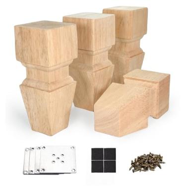 Imagem de Pernas de móveis de madeira com placas de montagem Conjunto de 4 pés de substituição de móveis de madeira maciça de 15 cm estilo europeu inacabado para sofá armário sofá otomano suporte de TV projetos