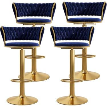 Imagem de Banco de bar de veludo giratório 360° conjunto de 4 bancos de bar modernos com altura ajustável com encosto e apoio para os pés bancos de bar luxuosos para ilha de cozinha, café, pub, dourado,