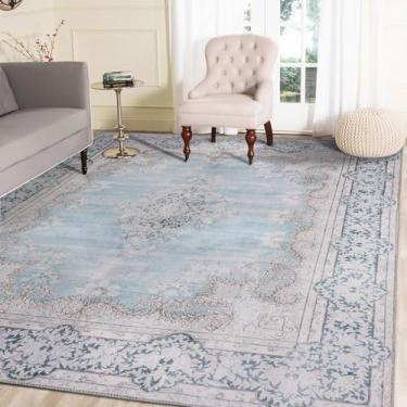 Imagem de DECOMALL Tapetes laváveis Maila 5 x 7, tapete persa tradicional com suporte de borracha, tapete de área oriental macio para sala de estar quarto sala de jantar, 1,5 x 2,1 m, azul