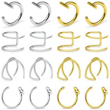 Imagem de Ftovosyo Anéis de lábio falsos em forma de T de aço inoxidável gótico clipe sem piercing de nariz dupla cartilagem brincos de hélice ear cuff para mulheres homens e mulheres, Metal, aço inoxidável