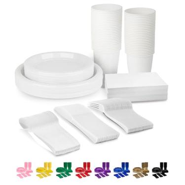Imagem de Conjunto de louça descartável branco de 350 peças para 50 convidados, pratos de festa de plástico, copos e guardanapos – 50 pratos de jantar de 23 cm, pratos de sobremesa de 18 cm, copos de 340 g,
