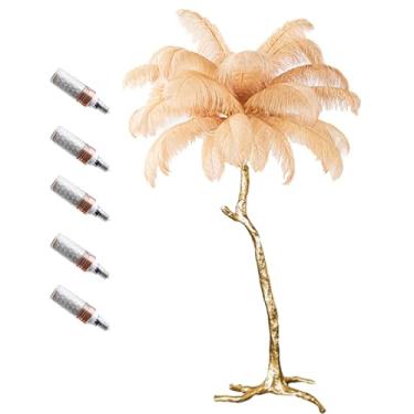 Imagem de Luminária de chão, luminária de chão de penas, lâmpada de pé padrão regulável com lâmpada de resina dourada corpo de trabalho interno iluminação de leitura lâmpadas de chão para presentes